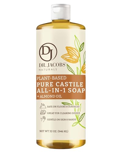 Dr. Jacobs Naturals Almond Castile All-in-One Cleaner and Soap - Plant-Based Formula for House Cleaning Floors and Appliances - Gentle on Skin and the Planet - 32 oz, 1 Pack - size: 32 Fl Oz (Pack of 1), style: Almond