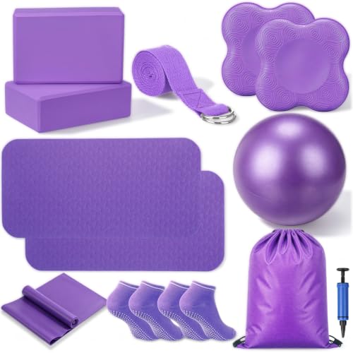 Thenshop 12 Pcs Home Pilates Kit for Women Workouts, Purple Yoga Equipment Set with Yoga Mats Socks Balls Blocks Resistance Bands Strap Knee Pads and Fitness Storage Bag Accessories for Starter