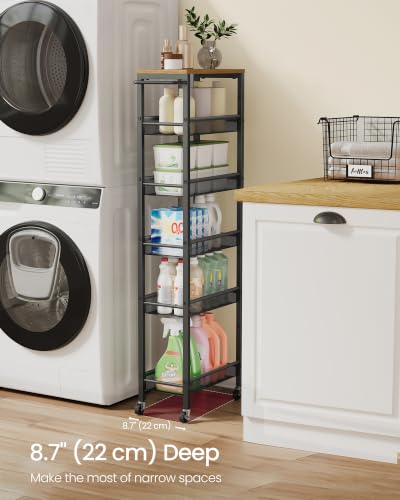 VASAGLE 6-Tier Slim Rolling Storage cart with Wheels, Metal - color: Rustic Brown + Matte Black, size: 6 Tiers (8.7"D x 51.7"H)