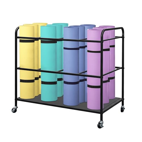 Yoga Mat Rack Storage Basket with Wheels,All-in-One Organizer for Yoga Mat Holder,Home Gym Equipment Storage Cart for Dumbbells, Kettlebells and Foam Rollers