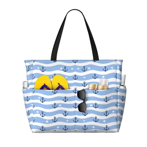 Large Beach Bag for Women Waterproof Foldable Travel Shoulder Tote Bag with Pocket for Weekender Pool Vacation - color: Anchor Blue
