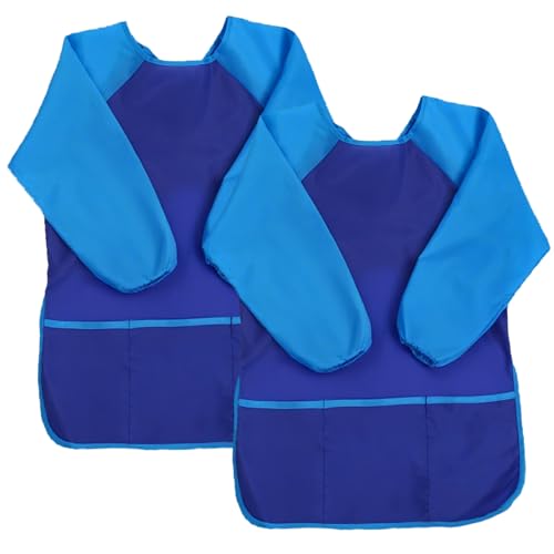 2 Pack Kids Art Smock Waterproof with Long Sleeve and 3 Roomy Pockets Artist Children Aprons for Toddlers Age 3-8 Painting Crafts（Blue） - color: 2 Pack Blue