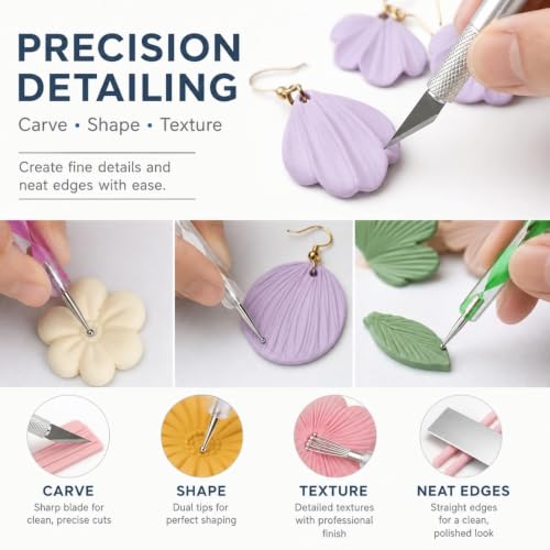 DIYOOHOMY 18 Pcs Polymer Clay Tools Kit, Rolling Pin with Thickness Rings | Air Dry Clay Jewelry Earring Making Set Sculpting, Small Acrylic Roller, Dotting, Tissue Blades Cutters Craft Knife, Needle - color: 14 Pcs