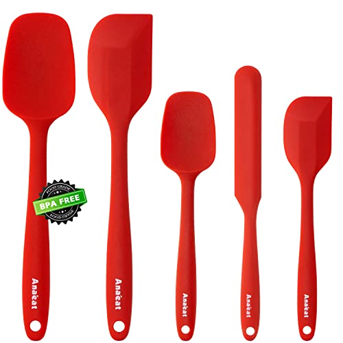 Anaeat Silicone Spatula Set of 5 - Seamless One-Pieces Design, Non-Stick Rubber Spatulas BPA Free Kitchen Scraper Flexible for Easy Baking, Cooking, Scraping & Mixing, Heat Resistant & Dishwasher Safe - color: 5 Pcs Spatulas (Red), size: Essential Spatula