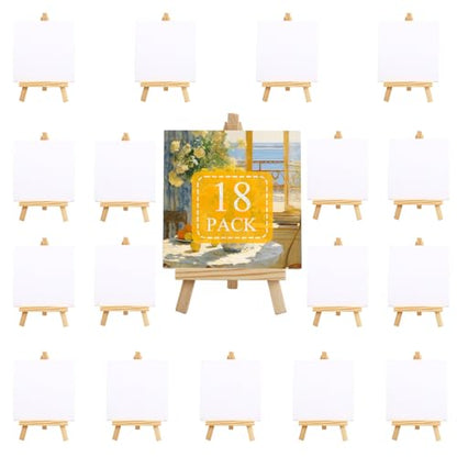 18 Pack Mini Canvases with Easels - 4x4 Inches Small Art Canvas Set for Adult Acrylic Pouring Oil Water Color
