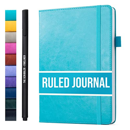 Lined Journal Notebook for writing + Free Pen! Ruled 200 pages, 120gsm Thick Paper with Sticky Notes,pen loop, elastic band, leather hard cover | Scribbles That Matter A5 journals, (5.75 x 8.2) - color: Aqua
