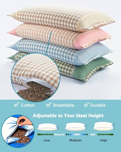 Cooling Buckwheat Pillows for Sleeping,23.6"x13.7" Rectangular Cervical Neck Pillow with Decorative Trim, Adjustable Buckwheat Hulls Filling for Neck Shoulder Support, Washable Cover,Green