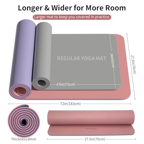 8mm Thick Yoga Mat Non Slip for Women Men | 72"x28" mat for gym, pilates, studio. POE, reversible, non-slip, tear-proof, odorless, easy-clean, strap. - color: Dark Powder+Dark silve
