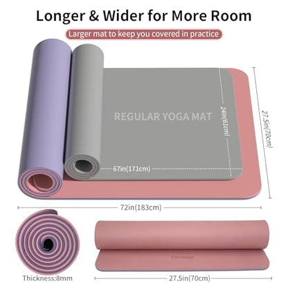 8mm Thick Yoga Mat Non Slip for Women Men | 72"x28" mat for gym, pilates, studio. POE, reversible, non-slip, tear-proof, odorless, easy-clean, strap. - color: Dark Powder+Dark silve