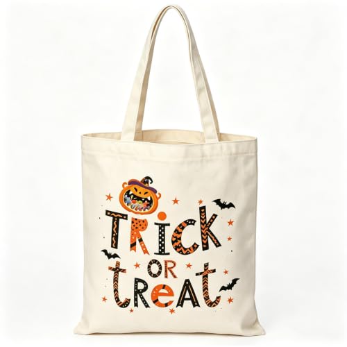 Canvas Tote Bag with Zipper for Women, Halloween Trick or Treat Bags Bulk | 13.8" x 15.3" Fashionable Two-Tone Cotton Tote Bag for Crafts, DIY Your Creative Designs - color: [A0] Halloween - Beige