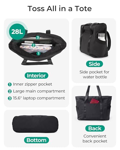 BAGSMART Gym Tote Bag for Women, 24L/28L Travel Tote Yoga Mat Bag - color: Black, size: Small