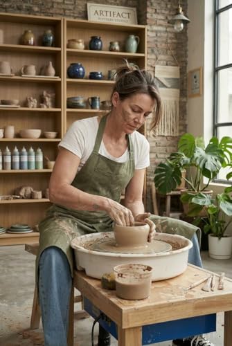 Pottery Apron Split Leg,100% Cotton Artist Apron 3 Pockets for Women Men,Ceramics Clay - color: Green, size: 36" long