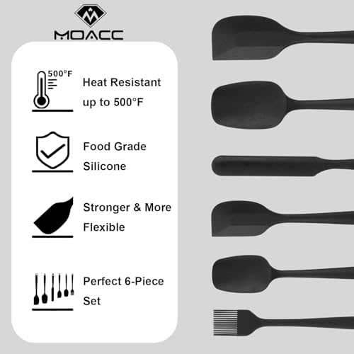 Silicone Spatulas Set of 6, Rubber Spoon Spatula Heat Resistant Spoonula One Piece Design Seamless Spatula Non-Stick Scrapers Baking Mixing Tool (Black) - color: Black