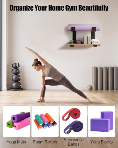 Yoga Mat Wall Mount Rack, Adjustable Steel Storage Holder w Protective Pad | Wall Mounted, Adjustable Hooks, Steel Construction, Felt Protection, Foam Roller Storage, Easy Install