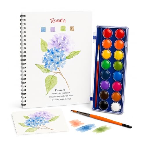 Teswarha Flowers Watercolor Workbook With12 Sheets 300GSM Art Paper 16 Colors Watercolor Paint Set with 2 Watercolor Brushes Water Coloring Book Kit for Adults Teens 8.2 x 9.8in - color: Pink