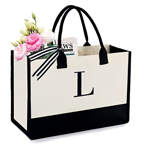 BeeGreen Embroidery Monogram Initial Tote Bag for Women Teacher Mom Friend Personalized Gift for Birthday Beach Work Wedding - color: Natural & Black, style: L