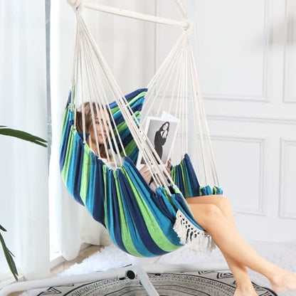 Chihee Hammock Chair Foot Rest 2 Cushions Max 485 lbs Metal Spreader Bar | Robust Hanging Chair Soft Cotton Blended Swing Collapsible Easy Storage Strong Strap Iron Carabiner Pocket Indoor Outdoor - color: Blue/Green Stripes