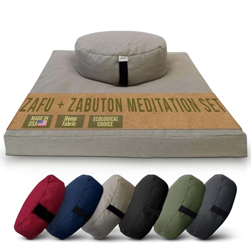 Meditation Cushion Mat Set HEMP - Large Oval Zafu Floor Pillow Organic Buckwheat Pillow + Cotton Filled HEMP Zabuton Prayer Pad - Meditation Pillow Yoga Knee Pad Made in USA - 18" Oval, NATURAL Hemp - color: Natural - Hemp, size: Oval Combo