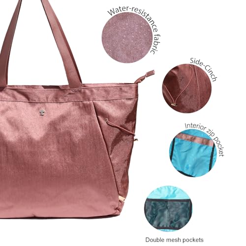 ESVAN Yoga Tote Bag for Women Shoulder Bags Drawstring for Office Workout Travel Carryall Pilates Gym and Beach - color: Nylon Rose Gold