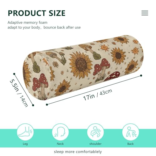 Bolster Pillow Neck Pillow Round Soft Health Memory Foam Pillows Long Cylindrical Body Pillow with Removable Cover Cute Back Yoga Autumn Mushrooms Sunflower Yellow 17" x 5.5" - color: Autumn Mushrooms Sunflower Yellow