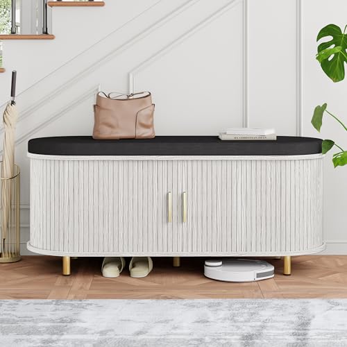 DHH 2-Tier Storage Bench,Wide Shoe Bench with Thickened Padded Seat Cushion, Mid Century Modern Fluted Sliding Door and Adjustable Shelf, for Entryway, Living Room, Bedroom (Grayish White, 43.3“) - color: Grayish White, size: 43.3 inch