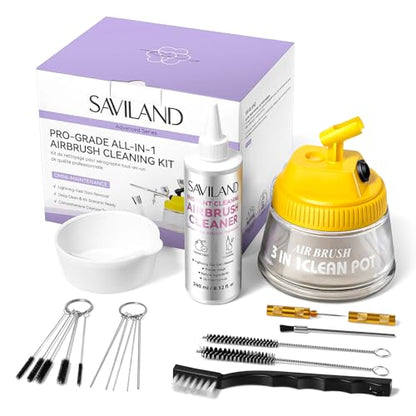 SAVILAND All-in-1 Airbrush Cleaning Kit: 240 ml Fast Airbrush Cleaner Low Odor & Needles Kit 3-in-1 Airbrush Cleaning Pot Easily Handle Water-Based & Acrylic Airbrush Paint Nail Art Painting Tools - color: White-Grey