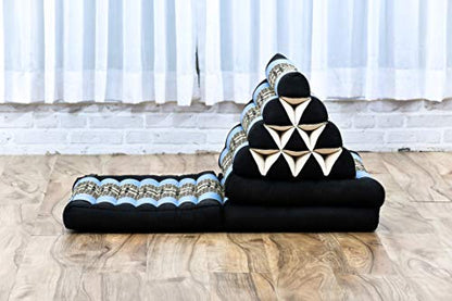 Leewadee - Comfortable Japanese Floor Mattress - Thai Floor Bed with Triangle Cushion - Futon Mattress - Thai Massage Mat, 67 x 21 inches, Blue, Kapok Filling | Floor & lounge cushion for relaxing, reading & TV - for meditation & yoga, firm & stable - col
