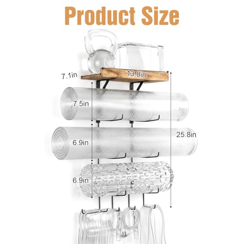 Yoga Mat Holder Wall Mount, Yoga Mat Organizer Storage Home Gym Accessories with Wood Floating Shelves for Storing Fitness, Yoga Mat Rack with 4 Hooks for Hanging Foam Roller and Resistance Bands