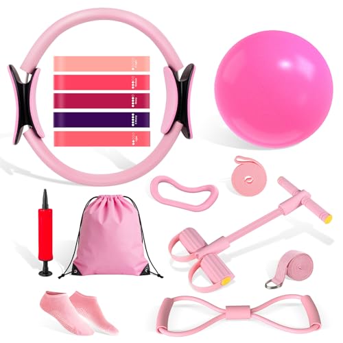 Pilates Kit for Women, 15-Piece Ultimate Pilates Set with Pink Pilates Ring, Ball, Resistance Bands & Essentials - Premium Home Workout Equipment for Full Body Sculpting & Toning, Beginner to Pros