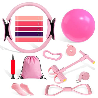 Pilates Kit for Women, 15-Piece Ultimate Pilates Set with Pink Pilates Ring, Ball, Resistance Bands & Essentials - Premium Home Workout Equipment for Full Body Sculpting & Toning, Beginner to Pros
