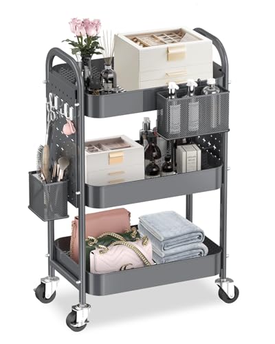 ALVOROG 3 Tier Metal Rolling Utility Cart with Pegboards,Baskets,Hooks,Gray | More Storage Craft Cart with Pegboards,Lockable Wheels,Hooks & Baskets to Organize Kitchen,Office,Bedroom and DIY Supplies - color: Grey