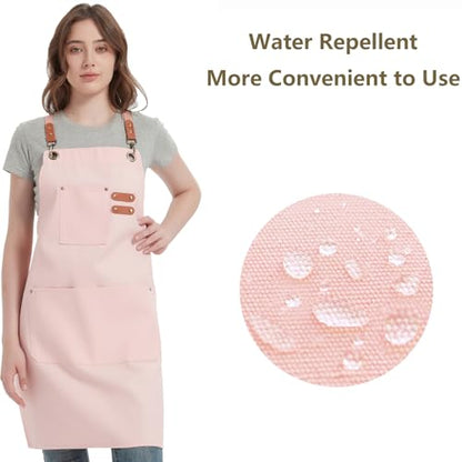 AFUN Chef Aprons for Women Men with Oversized Pockets, 12-Ounce Cotton Canvas Cross Back Water Repellent Apron (Light Pink) - color: Light Pink
