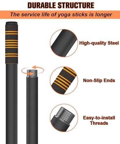 Queension 5ft Yoga Stick Adjustable Stretching Bar for Mobility & Balance | Heavy-Duty Steel Multi-Functional Fitness Pole with 4 Steel Rods & Comfort Foam Grips - color: Black