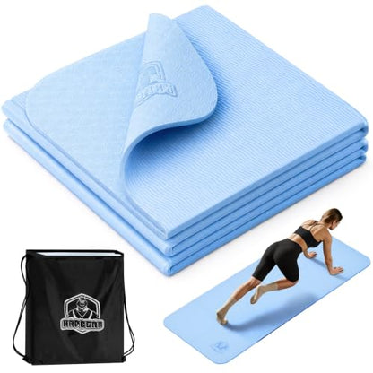 HAPBEAR Foldable Yoga Mat - 72"x24"x0.24" (6mm), Non-Slip TPE Exercise Mat | Ideal for Home Workout, Yoga, Pilates, Stretching & Travel, Durable & Eco-Friendly, Includes Carry Bag - color: Blue