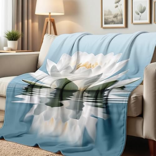 Lotus Flower on Water Print Blanket White Floral Throw Blanket Zen Flannel Throw for Couch Bed Office Yoga Room Meditation Spa Decor Gifts (59"x78") - color: Blue, size: 59"x78"