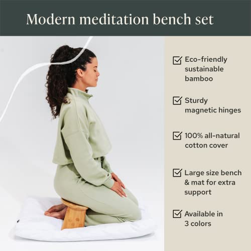 Mindful & Modern Bamboo Bench and Zabuton Meditation Mat Bundle - Small Kneeling Meditation Bench with Locking Magnetic Hinges - Wooden Kneeling Ergonomic Bamboo Seiza and Mat for Meditation