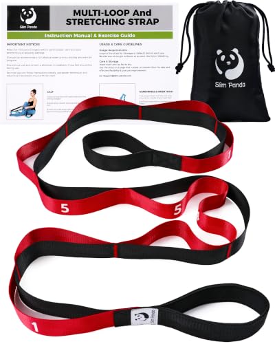 Slim Panda Stretching Strap with Loops - Non-Elastic Heavy Duty Nylon Yoga & PT - Oversized Multi-Loop Home Rehab - Hamstring Shoulder Pilates Flexibility - color: Red