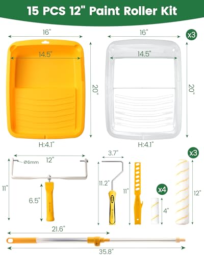 Voomey 12-Inch Paint Roller Kit with Extension Pole, 12” Paint Tray with Liners, Heavy Duty Roller Frame & Long Paint Rollers, Ideal for Walls, Interior & Exterior Painting - size: 12inch15pcs