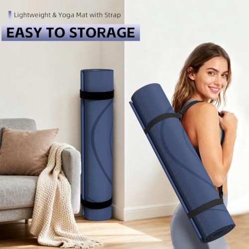Large Yoga Mat Thick, 76"x32"x0.31"Wide POE Exercise Mat with Non-Slip Surface & Carry Strap, Anti-Tear Workout Mat for Yoga, Pilates, Fitness - color: Navy Blue
