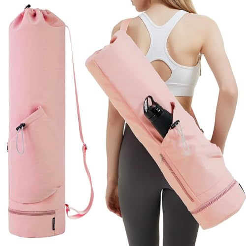 Yoga Mat Bag,Full Zip Cargo Yoga Mat Carrier Bag with Drawstring Water Bottle Pocket,Exercise Yogas Mats Carrier Holder for Women & Men - color: Pink