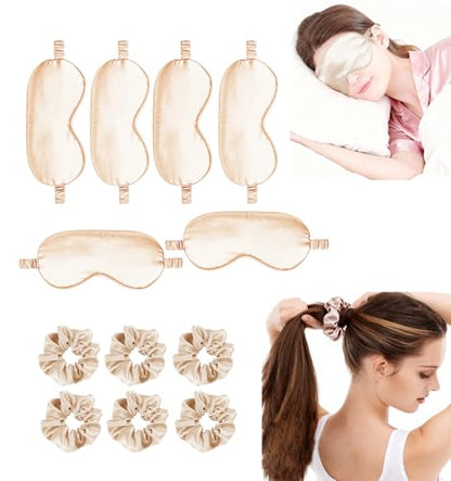 12Pcs Silk Sleep Masks Satin Eye Mask Silky Eyes Cover Blindfold Eyeshade Hair Ties Scrunchy Travel Bridesmaids Gifts - color: Pale Champagne