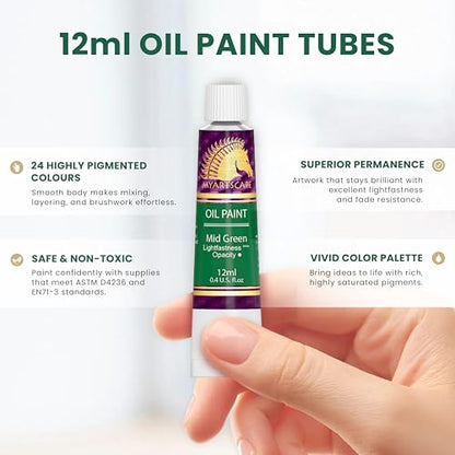 MyArtscape Oil Paint Set - 24 x 12ml Artist Oil Paints | Rich pigment oil paints for canvas painting with smooth blending layering glazing and glossy finish