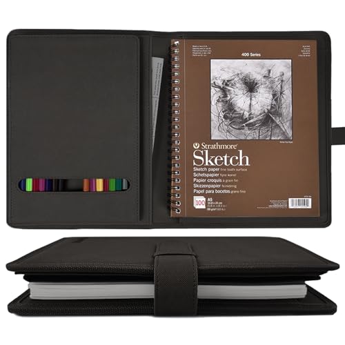 Plinyvel Black Leather Sketchbook Cover 5.5x8.5, Travel Drawing Portfolio | Portable sketch kit organizer, pencil holder, Fits 5.5x8.5 Sketch Book, Spiral Pad, Compact artist storage case - color: Black, size: Small-5.5x8.5