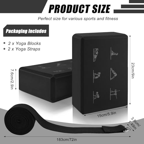 RETON Yoga Blocks Set with Straps, High Density Yoga Bricks, Lightweight EVA Foam Pilates Block, 2 Yoga Blocks with 2 Straps for Yoga, Pilates, Fitness, Stretching and Toning - color: Black