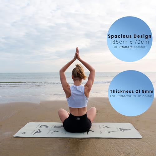 Printed Visual Guidance with Yoga Poses. Large Exercise Mat, Shoe-Friendly, Balance and Graceful extension TPE Yoga Mat for Men and Women to support Consistent Practice| 8mm Thickness for Superior Cushioning | 185 x 70 cm Extra Wide, Anti Slip Mat, Pilate