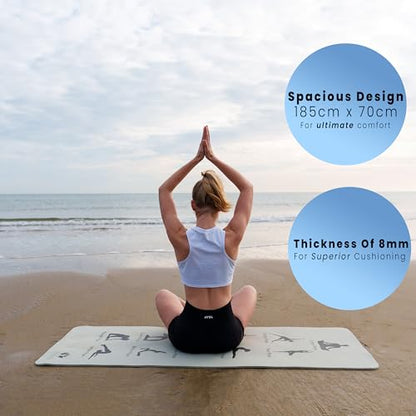 Printed Visual Guidance with Yoga Poses. Large Exercise Mat, Shoe-Friendly, Balance and Graceful extension TPE Yoga Mat for Men and Women to support Consistent Practice| 8mm Thickness for Superior Cushioning | 185 x 70 cm Extra Wide, Anti Slip Mat, Pilate