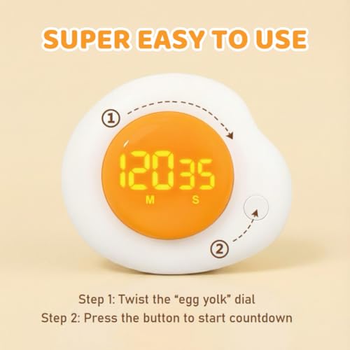 Egg-Shaped Kitchen Timer, Twist Dial Magnetic Kitchen Timers for Cooking, LCD Digital Display, Easy to Use, 180-minute Countdown Timers for Eggs, Bacon & Everyday Cooking