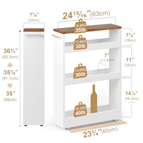 TEAMIX Wood 4-Tier Slim Rolling Storage Cart, 7.9"W, 24.8"D, 36.7"H, White - color: White