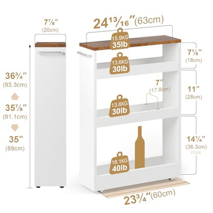 TEAMIX Wood 4-Tier Slim Rolling Storage Cart, 7.9"W, 24.8"D, 36.7"H, White - color: White