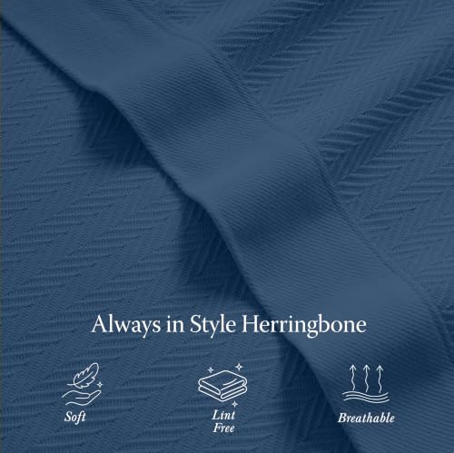 Threadmill Luxury 100% Cotton Queen Herringbone Blanket, Folkstone Blue - color: Folkstone Blue, size: Queen (90" x 92")